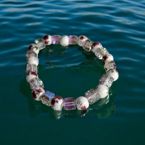 Sparkling Crystal Cubic Transparent Peony Floral Ceramic Stretch Bracelet - Picture 2 of 6